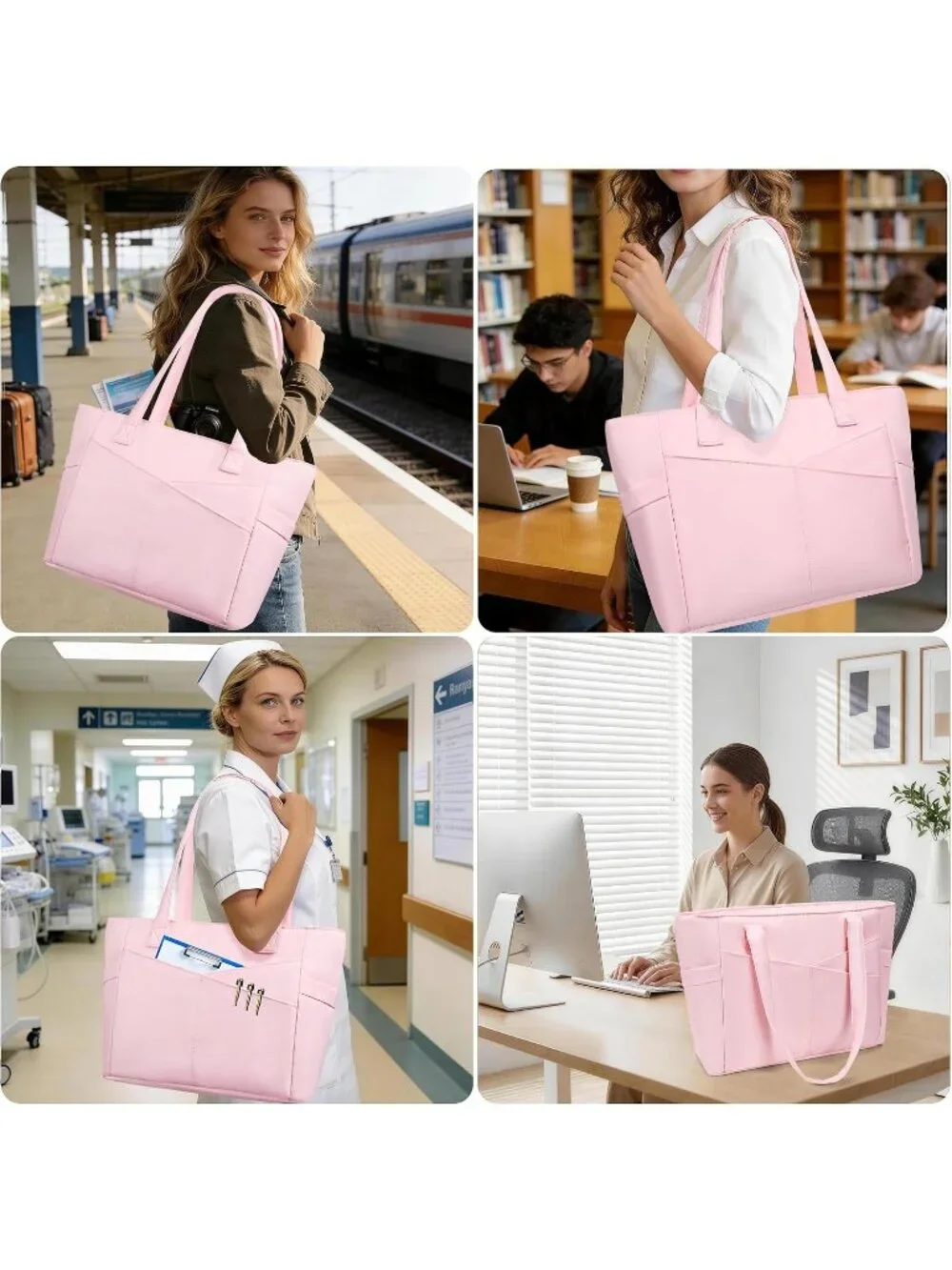 👜Women's Pink Nylon Large Tote Bag With Zipper 15.6 Laptop Sleeve Work Bag